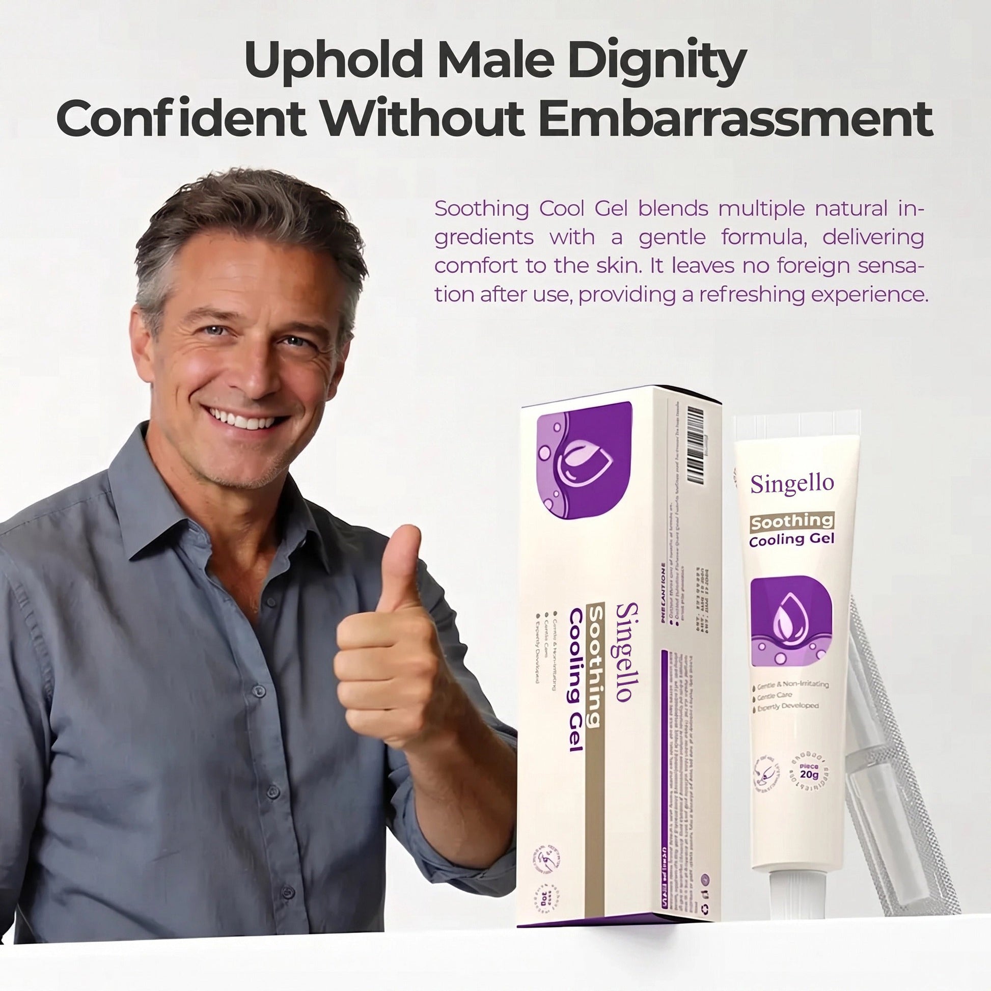 Confident adult man beside Singello Soothing Cooling Gel
