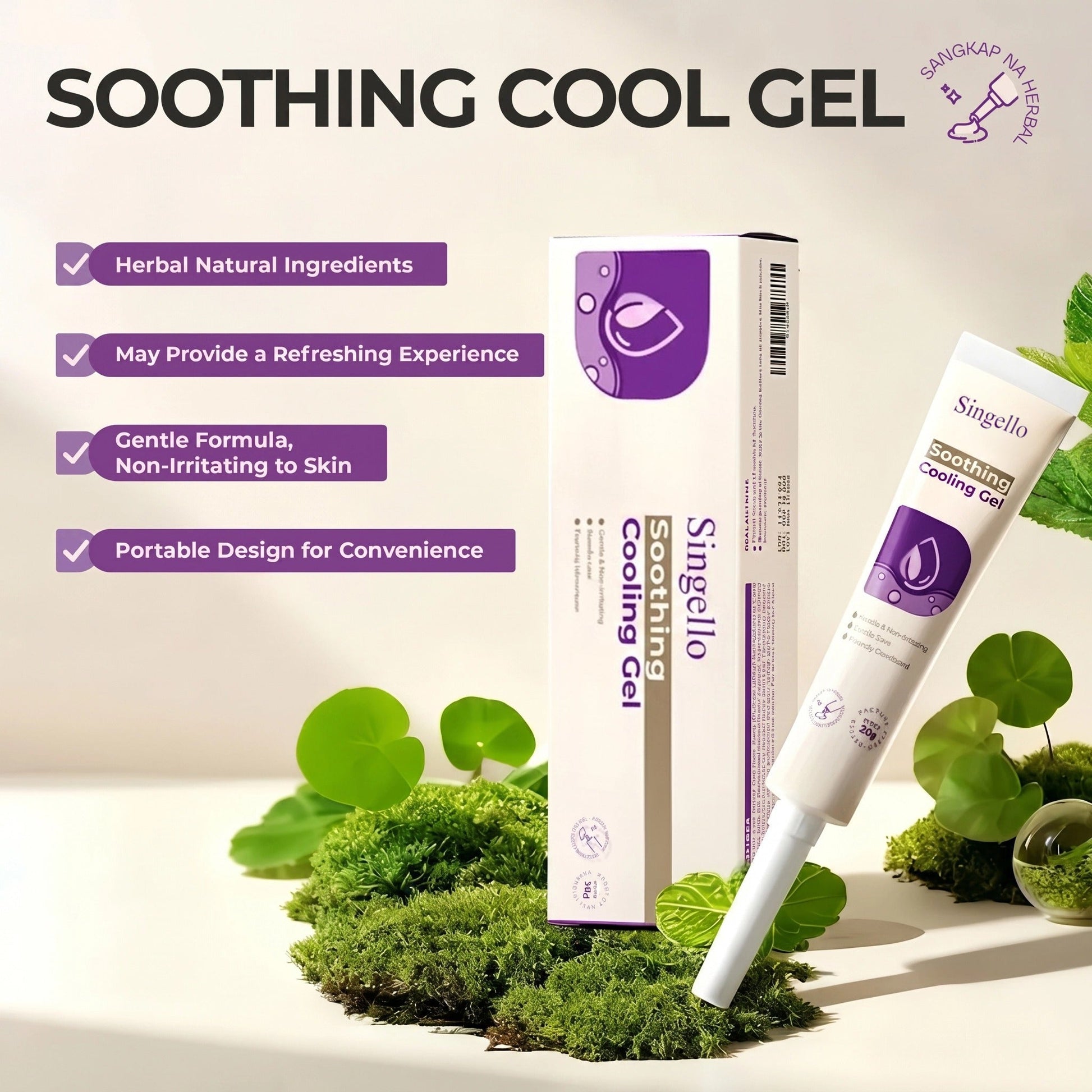 Singello cooling gel box tube and herbal-inspired product display