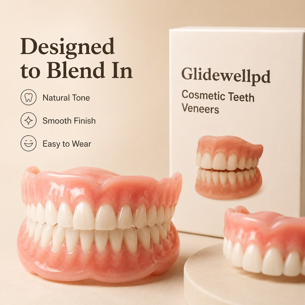 Close view of complete removable dentures with a natural-looking tooth tone