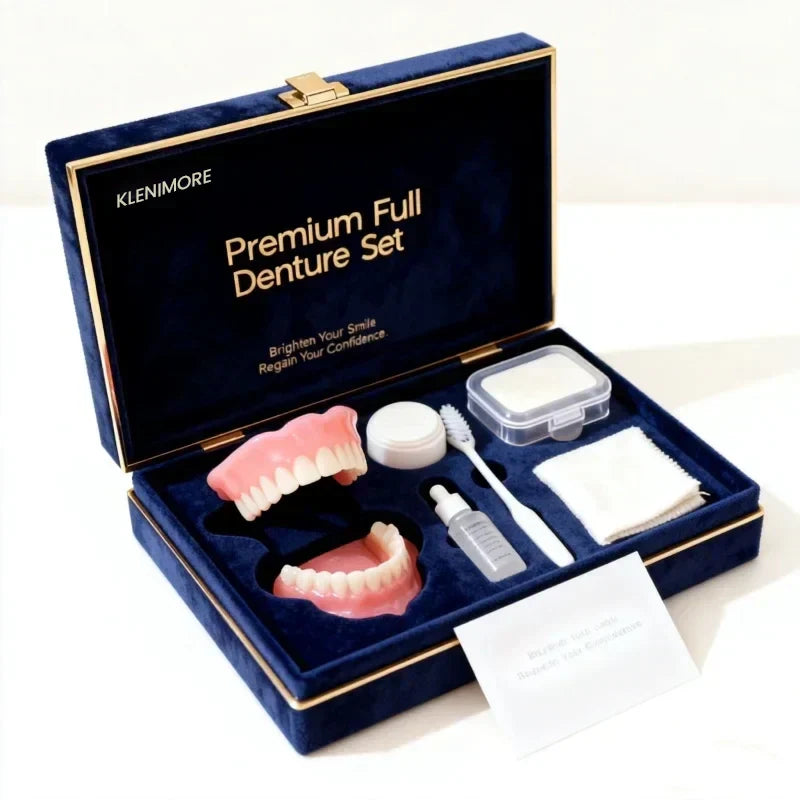 KLENIMORE Premium Full Denture Set with top and bottom teeth and care accessories