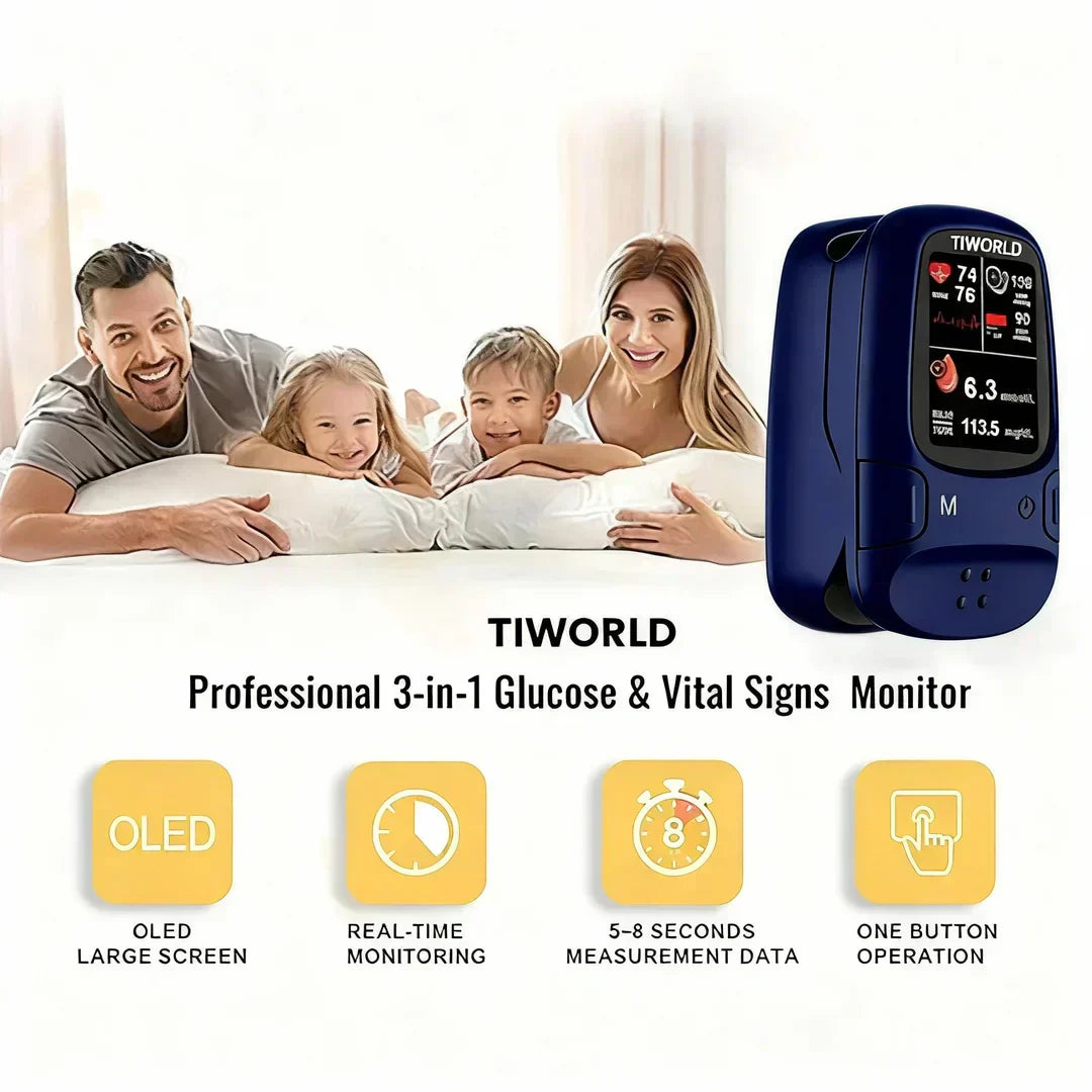 TIWORLD compact wellness monitor displayed beside a family